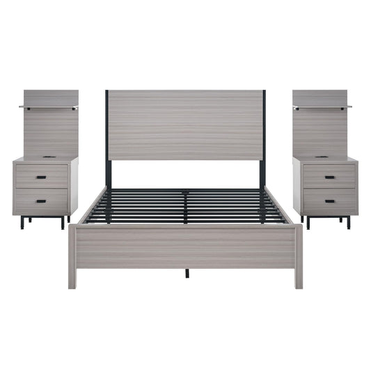 LUXOAK Queen Bed Frame with 2 Nightstands & LED Lights Headboard,104" Extended Wood Panel Platform Bed/w Charging Station & 2 Storage Racks, Bedroom Set/w Bedside Table, No Box Spring Needed, Grey